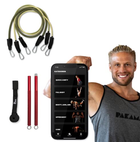 PAKAMA - Premium Widerstandsbänder Set inkl. Langhantel-Stange (Bar) für Home Workout & Krafttraining Zuhause - Resistance Bands 4,5kg, 6,8kg und 11,4kg - Fitness-Bänder für bis zu 80kg Widerstand von PAKAMA