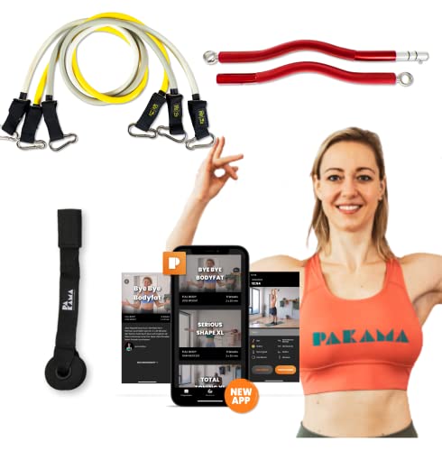 PAKAMA - Premium Widerstandsbänder Set inkl. SZ-Stange (Bar) für Home Workout & Krafttraining Zuhause - Heavy Resistance Bands in 14kg, 16kg und 18kg - Fitness-Bänder für bis zu 100kg Widerstand von PAKAMA