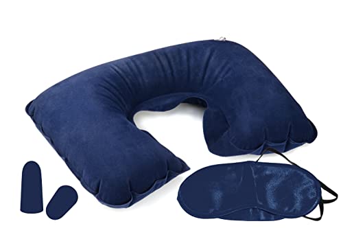 PARENCE. - Reise-Set, aufblasbares Kissen, aufblasbares Nackenkissen aus weichem Samt, waschbarer Bezug mit Ohrstöpsel und Augenmaske (blau) von PARENCE