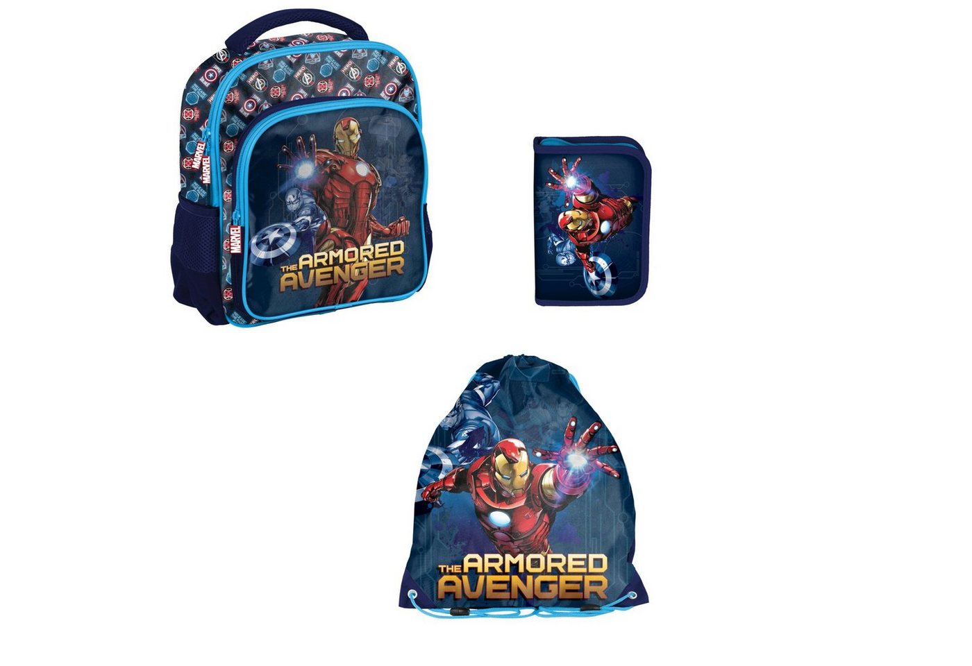 PASO Kinderrucksack (Set), 3-Tlg.Kinderrucksack+Befüllte Federmappe+Turnbeutel-Avengers-Blau/Bunt von PASO