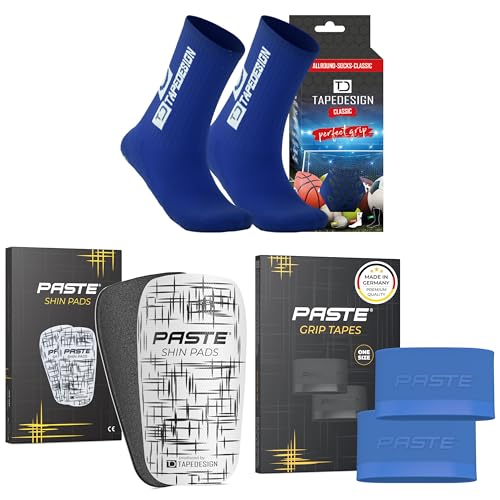 PASTE - XXL 3er Set: TAPEDESIGN Fußball-Socken (Classic), Schienbeinschoner Schienbeinschonerhalter (blau) - Fussball-Socken mit Schienbeinschoner Halterung & Shin Guards Kinder, Herren von PASTE