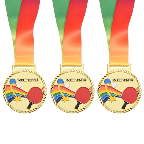 PATIKIL 3 Stück 2,7" Tischtennis Medaillen Tischtennis Award Medaillen Goldmedaille mit Band Vielfarbig für Spiele Sportwettbewerbe von PATIKIL