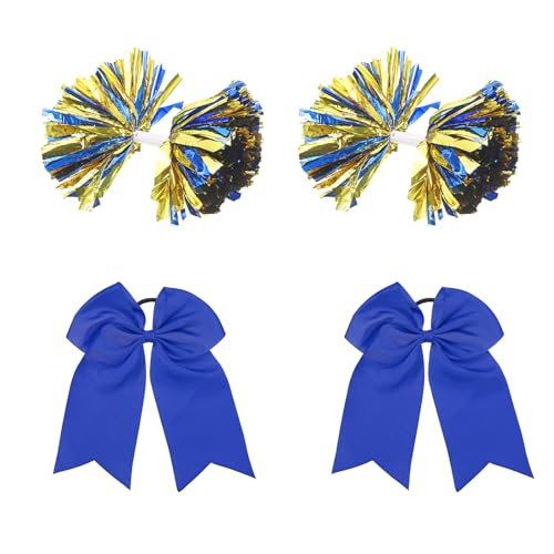 PATIKIL Cheerleading Pom Poms, 2er Pack Cheerleader Cheer Poms mit Baton Griff und 2 Stück Großer Cheerleader Haar-Bogen für Sport, Tanz, Party, Teamgeist (Blau, Gold) von PATIKIL