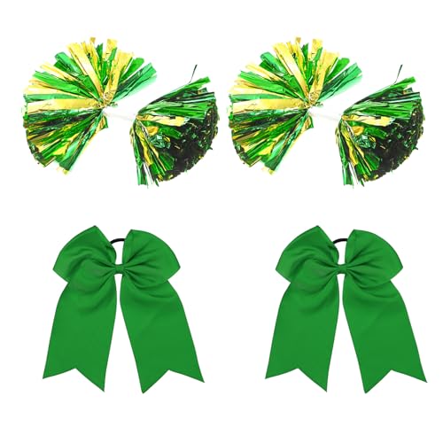 PATIKIL Cheerleading Pom Poms, 2er Pack Cheerleader Cheer Poms mit Baton Griff und 2 Stück grüner großer Cheerleader Haarschleife für Sport, Tanz, Party und Teamgeist (Grün, Gold) von PATIKIL