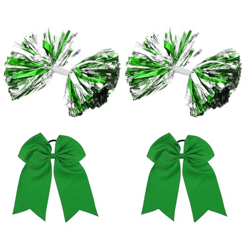 PATIKIL Cheerleading Pom Poms, 2er Pack Cheerleader Cheer Poms mit Baton Griff und 2 Stück grüner großer Cheerleader Haarschleife für Sport, Tanz, Party und Teamgeist (Grün, Silber) von PATIKIL