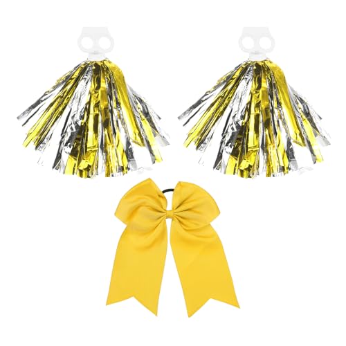 PATIKIL Cheerleading Pom Poms, 2er Pack Cheerleader Cheer Poms mit Fingerlöchern und gelber großer Cheerleader-Haarschleife für Sport, Tanz, Party und Teamgeist (Gold, Silber) von PATIKIL