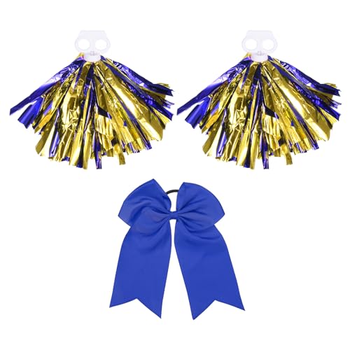 PATIKIL Cheerleading Pom Poms, 2er Pack Cheerleader Cheer Poms mit Fingerlöchern und großer Cheerleader-Haarschleife für Sport, Tanz, Party und Teamgeist (Blau, Gold) von PATIKIL