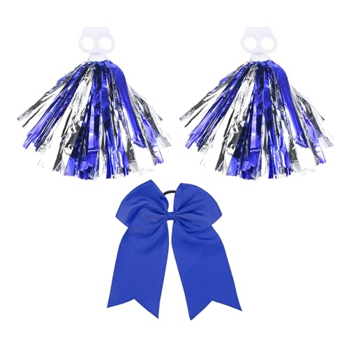 PATIKIL Cheerleading Pom Poms, 2er Pack Cheerleader Cheer Poms mit Fingerlöchern und großer Cheerleader-Haarschleife für Sport, Tanz, Party und Teamgeist (Blau, Silber) von PATIKIL