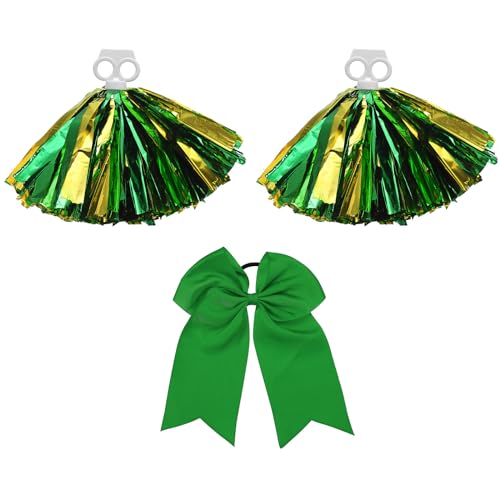 PATIKIL Cheerleading Pom Poms, 2er Pack Cheerleader Cheer Poms mit Fingerlöchern und grüner großer Cheerleader-Haarschleife für Sport, Tanz, Party und Teamgeist (Grün, Gold) von PATIKIL
