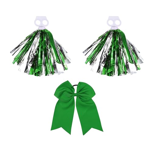 PATIKIL Cheerleading Pom Poms, 2er Pack Cheerleader Cheer Poms mit Fingerlöchern und grüner großer Cheerleader-Haarschleife für Sport, Tanz, Party und Teamgeist (Grün, Silber) von PATIKIL