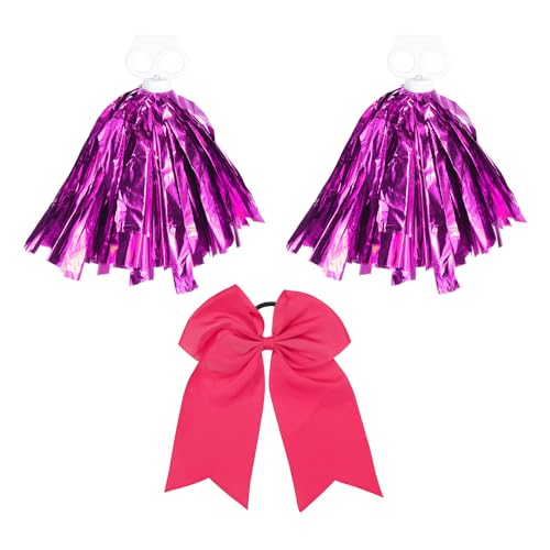 PATIKIL Cheerleading Pom Poms, 2er Pack Cheerleader Cheer Poms mit Fingerlöchern und rosaroter großer Cheerleader-Haarschleife für Sport, Tanz, Party und Teamgeist, rosarot von PATIKIL