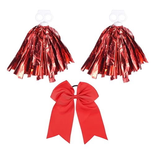 PATIKIL Cheerleading Pom Poms, 2er Pack Cheerleader Cheer Poms mit Fingerlöchern und roter großer Cheerleader-Haarschleife für Sport, Tanz, Party und Teamgeist, Rot von PATIKIL
