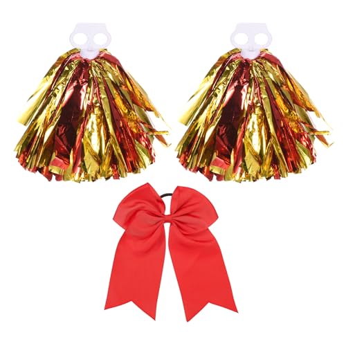 PATIKIL Cheerleading Pom Poms, 2er Pack Cheerleader Cheer Poms mit Fingerlöchern und roter großer Cheerleader-Haarschleife für Sport, Tanz, Party und Teamgeist (Rot, Gold) von PATIKIL