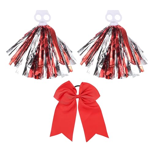 PATIKIL Cheerleading Pom Poms, 2er Pack Cheerleader Cheer Poms mit Fingerlöchern und roter großer Cheerleader-Haarschleife für Sport, Tanz, Party und Teamgeist (Rot, Silber) von PATIKIL