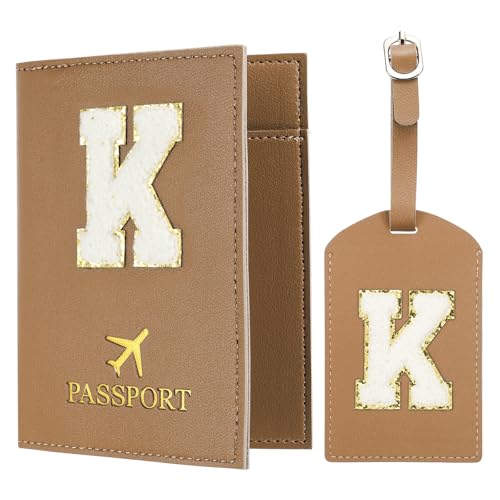 PATIKIL Reisepasshülle Passport Hülle für Reisen, Reisepass Organizer Passhülle Kofferanhänger Set mit Alphabet Buchstaben Reisebrieftasche Koffer Identifikator für Frauen Braun K von PATIKIL