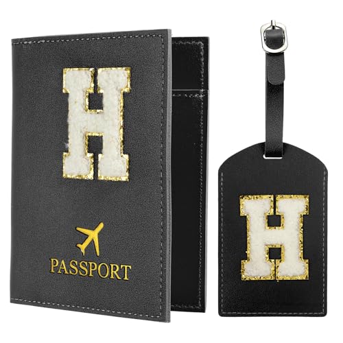 PATIKIL Reisepasshülle Passport Hülle für Reisen, Reisepass Organizer Passhülle Kofferanhänger Set mit Alphabet Buchstaben Reisebrieftasche Koffer Identifikator für Frauen Schwarz H von PATIKIL