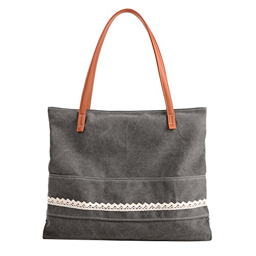 PB-SOAR Damen Canvas Shopper Schultertasche Tasche Handtasche Einkaufstasche mit Spitze 42x34x4cm (B x H x T) (Grau) von PB-SOAR