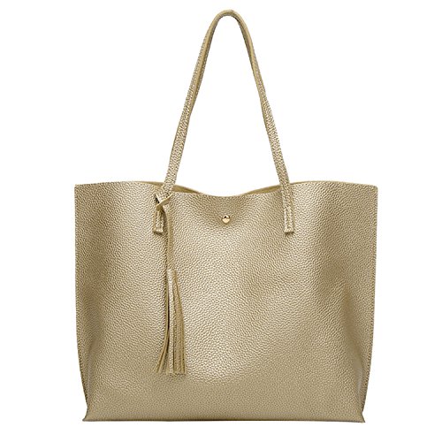 PB-SOAR Damen Mädchen Fashion Shopper Schultertasche Schulterbeutel Henkeltasche Handtasche Einkaufstasche aus Kunstleder 36x30x11cm (B x H x T) (Golden) von PB-SOAR