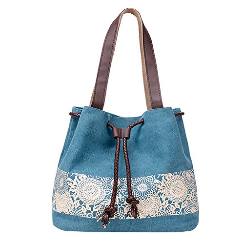 PB-SOAR Damen Vintage Canvas Shopper Schultertasche Beuteltasche Handtasche mit Kordelzug 30x29x12cm (B x H x T) (Blau) von PB-SOAR
