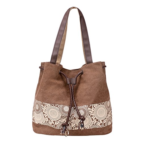 PB-SOAR Damen Vintage Canvas Shopper Schultertasche Beuteltasche Handtasche mit Kordelzug 30x29x12cm (B x H x T) (Braun) von PB-SOAR