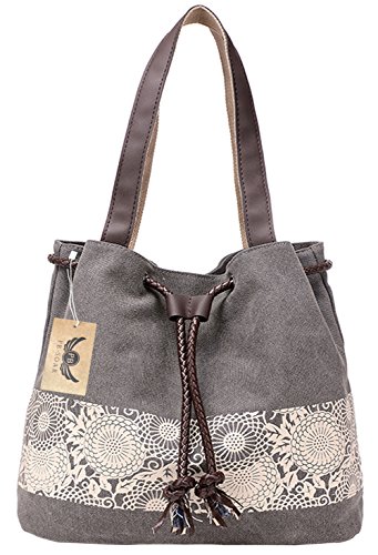 PB-SOAR Damen Vintage Canvas Shopper Schultertasche Beuteltasche Handtasche mit Kordelzug 30x29x12cm (B x H x T) (Grau) von PB-SOAR