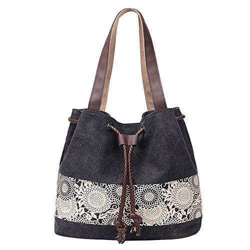 PB-SOAR Damen Vintage Canvas Shopper Schultertasche Beuteltasche Handtasche mit Kordelzug 30x29x12cm (B x H x T) (Schwarz) von PB-SOAR