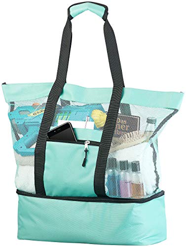 PEARL Badetasche: Leichte 2in1-Strand-Netztasche mit Kühlfach und Seitenfach, hellblau (Strandtasche mit Kühlfach, Strandtasche mit Kühlfunktion, Flaschenkühler) von PEARL