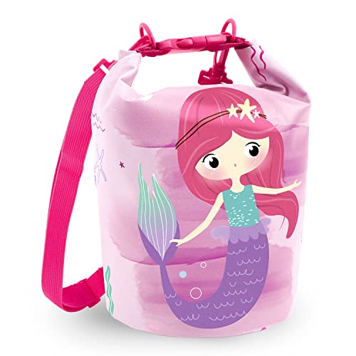 PERLETTI Kinder Dry Bag Badetasche 5L Wasserdicht - Wasserabweisende Tasche für Kleine Mädchen - Rosa Pink Kindertasche Rucksack für Schwimmen Strand See Kindergarten - 25x18x18 cm (Meerjungfrau) von PERLETTI