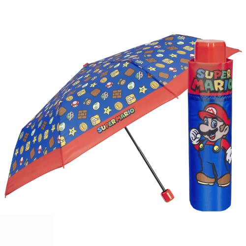 PERLETTI Super Mario Taschenschirm für Jungen 7 8 9 Jahre - Mario Bros Regenschirm Kinderregenschirm für Klein Kinder - Grundschule Schirm Kompakt Leicht Windfest - Durchmesser 91 cm von PERLETTI