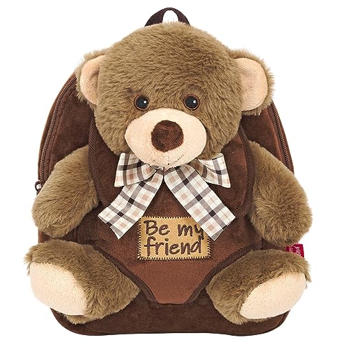 PERLETTI Kuscheltier Braunbär Rucksack für Kinder mit Plüschtier Bär - Pluschbär Weich Flauschig und Kindergarten Schultasche - 3 4 5 Jahren Baby Kindertasche 27x21x9 cm (Braunbär mit Bogen) von PERLETTI