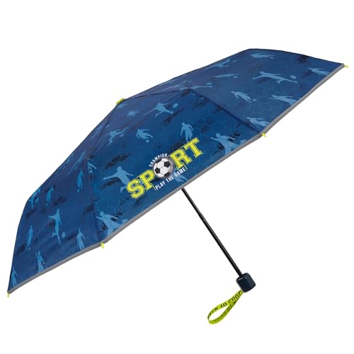 PERLETTI Regenschirm Taschenschirm Blau Reflektierend Kinder - Jungen Regen Schirm Kompakt Klein Windsicher - Kinderschirm 7+ Jahre Windfest Sicher Bunt - Durchmesser 91 cm (Fußball) von PERLETTI