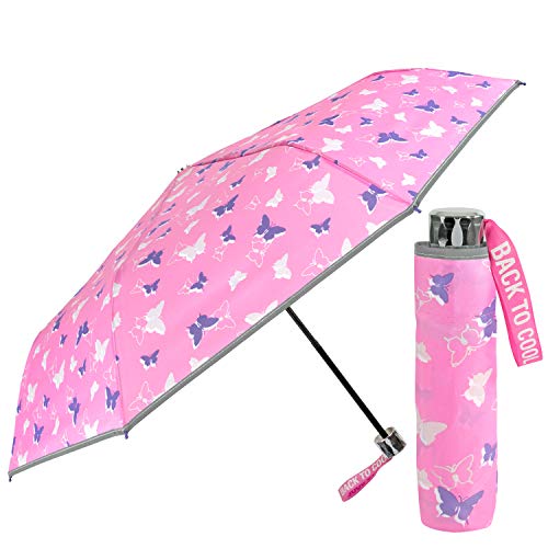 PERLETTI Schmetterlinge Kinder Regenschirm Pink für Mädchen 7+ Jahre - Rosa Kinderschirm Reflektierend mit Lila Violett Motiv - Taschenschirm Windsicher - 91 cm Durchm - Cool Kids (Schmetterling) von PERLETTI