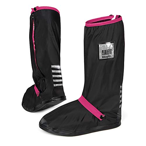 PERLETTI Überschuhe Schwarz Wasserdicht Beständig rutschfest - Schuhüberzieher Wiederverwendbar Verstärkt mit Reflektorstreifen - Hohe Regenschutz Galoschen für Regen Schnee (XS (33/35 EU), Pink) von PERLETTI