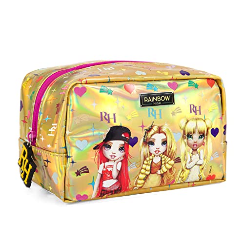 Rainbow High Kosmetiktasche für Kleine Mädchen - Holografische Gold Kulturbeutel für Kinder - Reise Handtasche Organizer mit Ruby Poppy Sunny - Waschbeutel Regenbogen Puppen - 11x18x10 cm - Perletti von PERLETTI