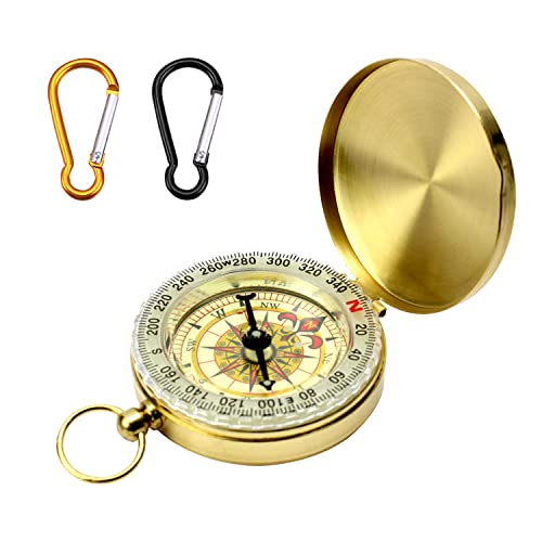 1 stück goldene Kompass-Taschenuhr mit 2 Stück Karabiner (schwarz und orange), Outdoor-Richtungskompass aus reinem Kupfer, leuchtende Kompass-Taschenuhr, zum Bergsteigen und für andere Aktivitäten von PFLYPF