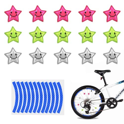 PFLYPF 15 stück farbige Fahrradspeichenclips, Sterne mit Reflektoren, Fahrradsicherheitszubehör, Raddrahtclips, Nachtfahrraddekorationsclips, mit 1 blauem reflektierendem Fahrradfelgenaufkleber von PFLYPF