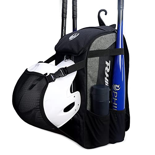 PHINIX Baseball- und Softball-Rucksack mit externem Helmhalter für Erwachsene, großes Fassungsvermögen, für Schläger, Helm, Handschuhe, Schuhe (schwarz und grau) von PHINIX