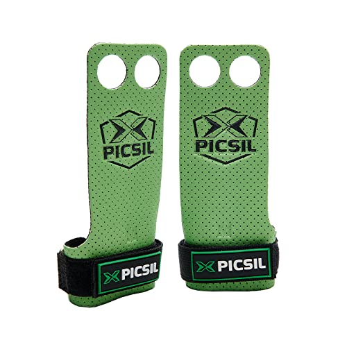 PICSIL Azor Grips 2 Löcher, Handschuhe, Gymnastikgriffe, Klimmzuggriffe, Muskelaufbau, Gewichtheben, Kinnhalter, Training, Übung, Kesselglocke, Green, Size Medium M von PICSIL