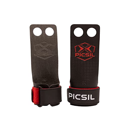 PICSIL RX Carbon Grips, Crosstraining Hand Grips für Gewichtheben, Handschuhe für Muscleups, Pull Ups, Gymnastik, Verhindert Blasen und Risse, Für Männer und Frauen (Rot 2H, M) von PICSIL