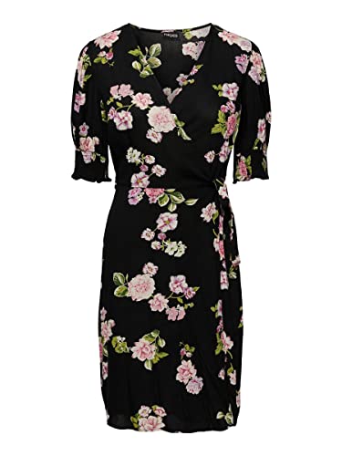 PIECES Damen Pctala 2/4 Wrap Dress Noos Bc Kleid, Black/AOP:Big Flower, L EU von PIECES