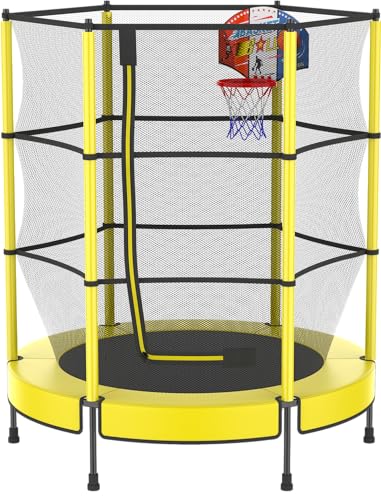 PILIN Kinder Trampolin mit Basketballkorb, 145cm Indoor-Outdoor-Sprungbett mit Federn, erhöhtes Sicherheitsnetz - Geburtstagsspielzeug für Jungen Mädchen, Kinderweihnachtsgeschenk von PILIN