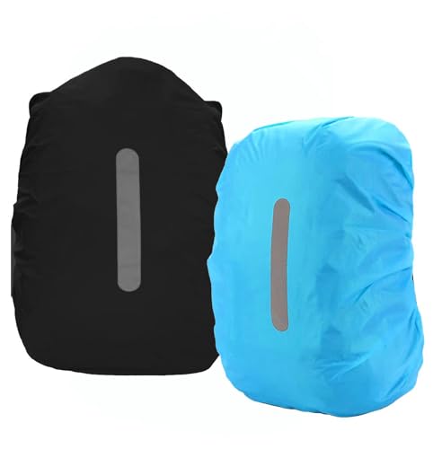 PINEPAN Regenhüllen Bbackpack Schultasche, wasserdichter Regenhülle Rucksackschutz für Outdoor-Camping, Wandern mit reflektierenden Streifen, Sicherheitshülle 20 l, 2 Stück (schwarz, blau) von PINEPAN