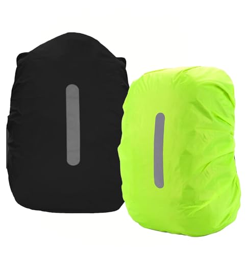 PINEPAN Regenhüllen Bbackpack Schultasche, wasserdichter Regenhülle Rucksackschutz für Outdoor-Camping, Wandern mit reflektierenden Streifen, Sicherheitshülle 20 l, 2 Stück (schwarz, grün) von PINEPAN