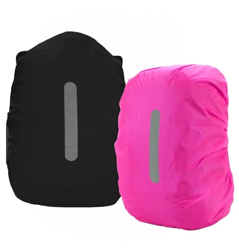 PINEPAN Regenhüllen Bbackpack Schultasche, wasserdichter Regenhülle Rucksackschutz für Outdoor-Camping, Wandern mit reflektierenden Streifen, Sicherheitshülle 20 l, 2 Stück (schwarz, rosa) von PINEPAN