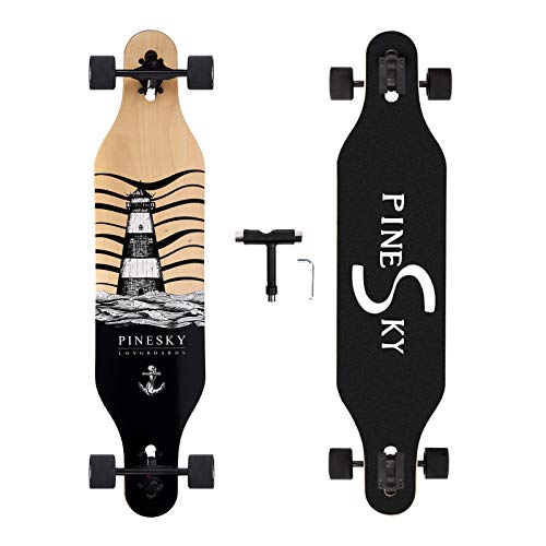 PINESKY 41" Longboard Skateboard 9-lagig Natur Ahorn Komplett Skateboard Cruiser für Cruising, Carving, Free-Style und Downhill mit T-Tool Beacon von PINESKY