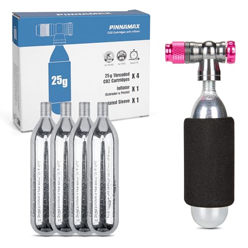 PINNAMAX CO2 Fahrradpumpe Set–CO2 Inflator mit 16g/25g CO2 Kartuschen–Kompakt, Leicht, Kompatibel mit Presta & Schrader Ventilen–Perfekt für Rennräder & MTB–Inkl.Schutzhülle (Inflator+4x25g) von PINNAMAX