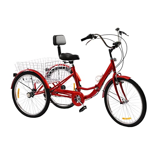 PINYELIN Dreirad für Erwachsene 3 Räder Fahrrad, 24 Zoll Klappbar 3 Wheel Bike Cruise Bikes mit Gemüsekorb Becherhalter, Höhenverstellbar Erwachsenendreirad Tricycle für Herren Damen (Rot) von PINYELIN