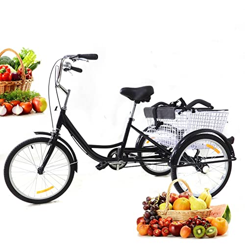 PIOJNYEN 20 Zoll Schwarz Dreirad Erwachsene Single-Speed 3-Rad-Fahrrad mit Einkaufskorb & Kindersitz von PIOJNYEN
