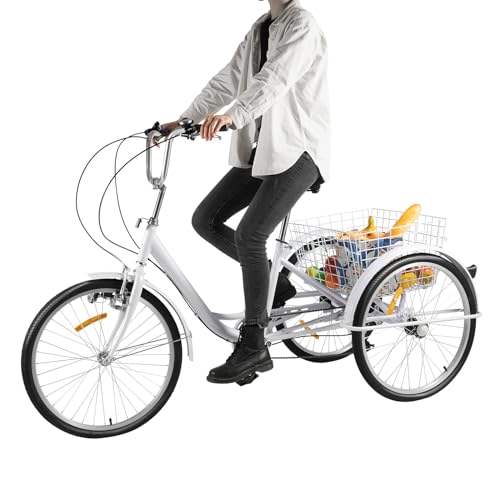 PIOJNYEN 24 Zoll Dreirad Erwachsene 3-Räder Fahrrad 6 Gang Trike Mit Einkaufskorb & Licht Weiß von PIOJNYEN