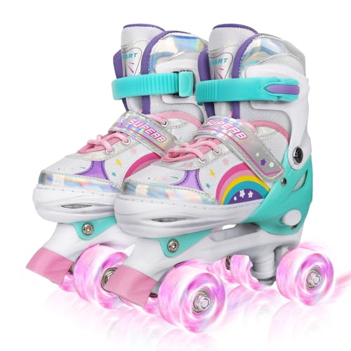 Kinder Rollschuhe für Mädchen, Jungen und Anfänger, 4 Größen Verstellbare, Rainbow mit leuchtenden Rädern Quad Skates, geeignet für den Innen- und Außenbereich （L） von PIPIZHU